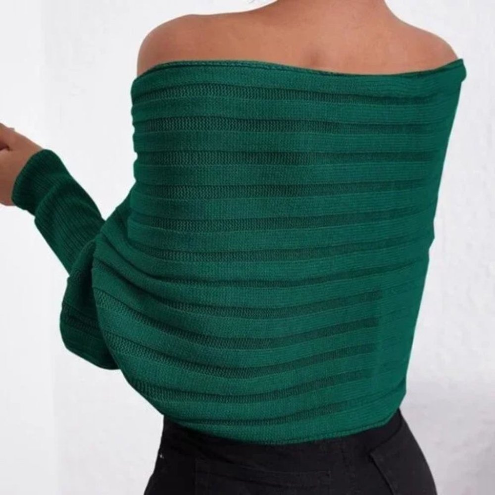 Off Shoulder Chunky Knit Wrap Overlap Green - Picture 2 of 4